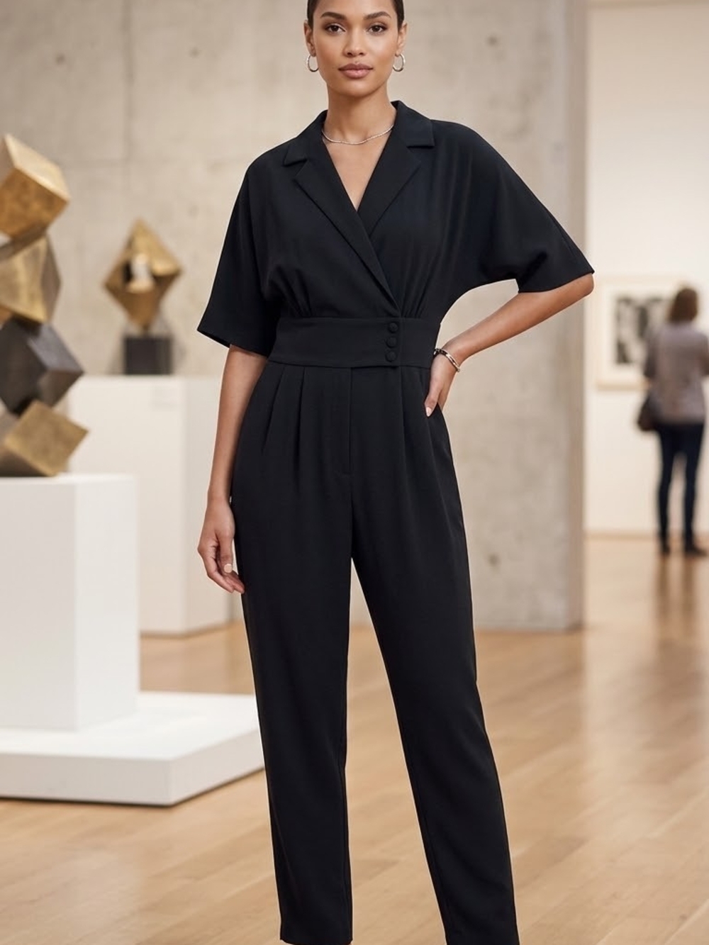 Eliza J Navy Blue Short-Sleeve Tailored Jumpsuit with High Waist